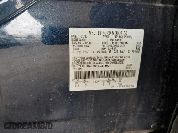2017 Lincoln MKX Premiere with VIN 2LMPJ6JR5HBL21862, listed as a Copart auction lot 54555785 with 111,055 mi miles and Salvage title. Bid and sale history available at DreamBid. Image 13.
