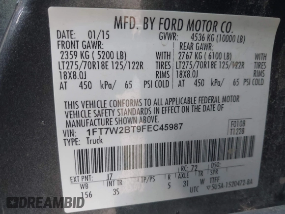 2015 Ford Super Duty F-250 SRW Lariat with VIN 1FT7W2BT9FEC45987, listed as a IAAI auction lot 41814095 with 112,806 mi miles. Bid and sale history available at carsss.com. Image 9.