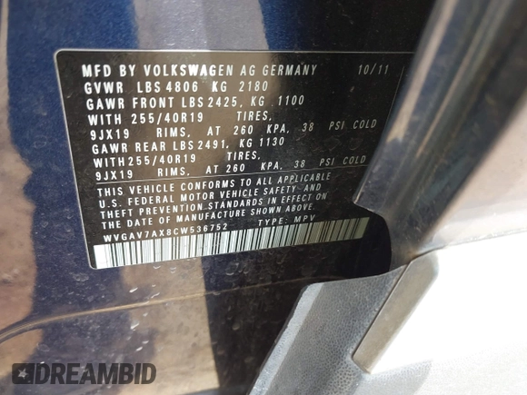 2012 Volkswagen Tiguan SEL with VIN WVGAV7AX8CW536752, listed as a IAAI auction lot 41798619 with 128,223 mi miles and . Bid and sale history available at DreamBid. Image 9.