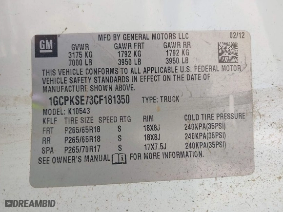 2012 Chevrolet Silverado 1500 LT with VIN 1GCPKSE73CF181350, listed as a IAAI auction lot 41656231 with 131,322 mi miles. Bid and sale history available at carsss.com. Image 9.