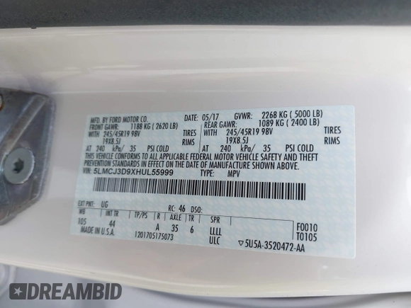 2017 Lincoln MKC Reserve with VIN 5LMCJ3D9XHUL55999, listed as a IAAI auction lot 42691155 with Not provided miles and . Bid and sale history available at DreamBid. Image 9.