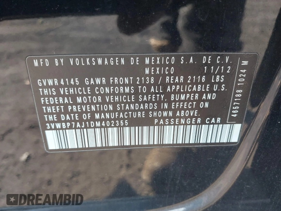 2013 Volkswagen Jetta Sedan SE w/Convenience/Sunroof with VIN 3VWBP7AJ1DM402355, listed as a IAAI auction lot 41402360 with 146,272 mi miles. Bid and sale history available at carsss.com. Image 9.