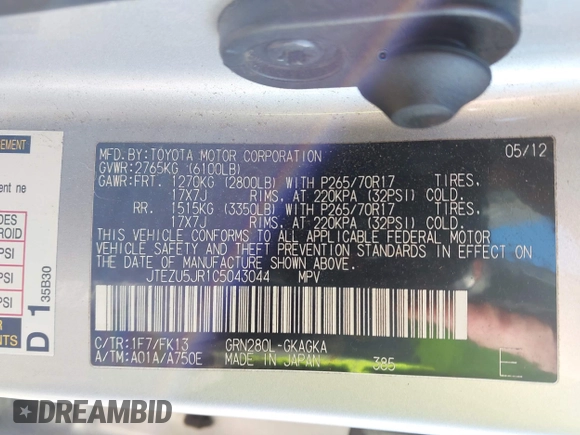 2012 Toyota 4Runner SR5 with VIN JTEZU5JR1C5043044, listed as a IAAI auction lot 41325019 with 147,462 mi miles and . Bid and sale history available at DreamBid. Image 9.