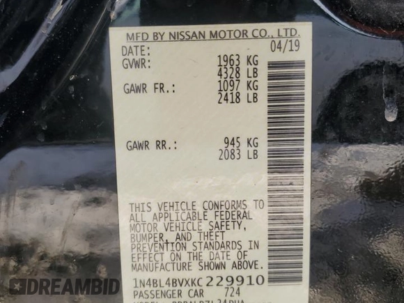 2019 Nissan Altima S with VIN 1N4BL4BVXKC229910, listed as a Copart auction lot 43050505 with 113,482 mi miles and Clean Title. Bid and sale history available at DreamBid. Image 12.