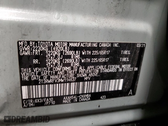 2021 Toyota RAV4 Hybrid XLE with VIN 2T3RWRFV3MW114637, listed as a Copart auction lot 85131224 with 53,126 mi miles and Salvage Title. Bid and sale history available at carsss.com. Image 13.