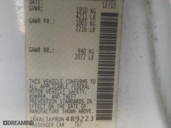 2013 Nissan Altima 2.5 SV with VIN 1N4AL3AP8DN489223, listed as a Copart auction lot 47991175 with 45,761 mi miles and Salvage Title. Bid and sale history available at carsss.com. Image 12.