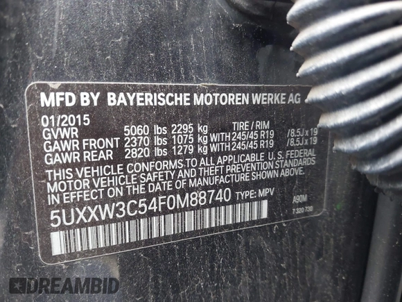 2015 BMW X4 xDrive28i with VIN 5UXXW3C54F0M88740, listed as a IAAI auction lot 42275157 with 159,281 mi miles and . Bid and sale history available at DreamBid. Image 9.