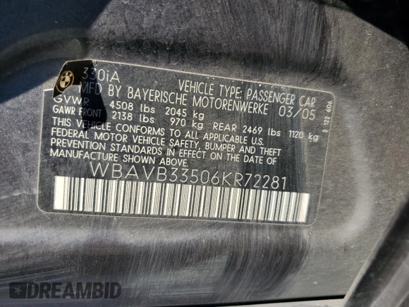 2006 BMW 3 Series 330i with VIN WBAVB33506KR72281, listed as a Copart auction lot 65057785 with 190,277 mi miles and Salvage title. Bid and sale history available at DreamBid. Image 12.