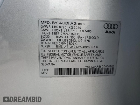 2013 Audi Q7 3.0T Premium Plus with VIN WA1LGAFE5DD004202, listed as a Copart auction lot 45193535 with 169,489 mi miles and Clean Title. Bid and sale history available at carsss.com. Image 16.