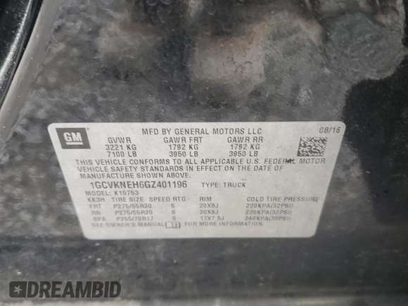 2016 Chevrolet Silverado 1500 Work Truck with VIN 1GCVKNEH6GZ401196, listed as a Copart auction lot 43414335 with 123,517 mi miles and Salvage Title. Bid and sale history available at carsss.com. Image 12.
