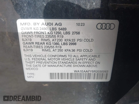 2024 Audi Q5 S line Premium Plus with VIN WA1EAAFY5R2030063, listed as a IAAI auction lot 42158057 with 35,897 mi miles. Bid and sale history available at carsss.com. Image 9.