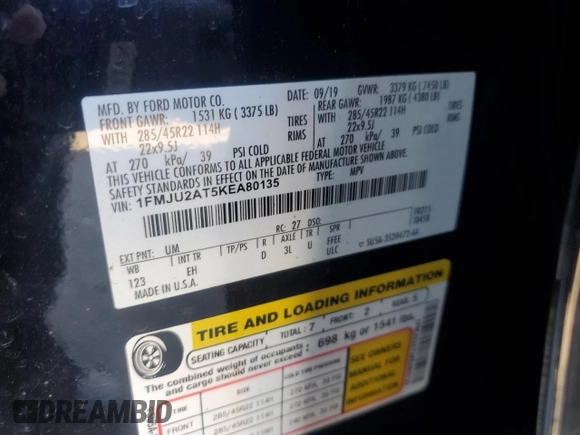 2019 Ford Expedition Limited with VIN 1FMJU2AT5KEA80135, listed as a Copart auction lot 49784355 with 34,153 mi miles and Salvage title. Bid and sale history available at DreamBid. Image 13.