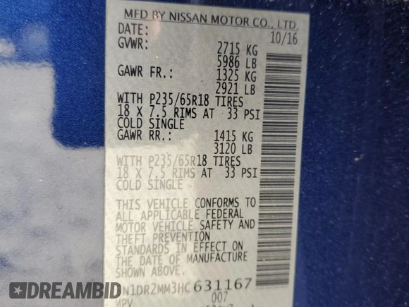 2017 Nissan Pathfinder S with VIN 5N1DR2MM3HC631167, listed as a Copart auction lot 53037815 with 163,958 mi miles and Salvage title. Bid and sale history available at DreamBid. Image 14.
