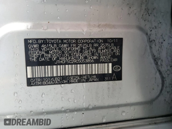 2012 Lexus IS 250 with VIN JTHCF5C29C5053856, listed as a Copart auction lot 55823865 with 187,467 mi miles and Clean Title. Bid and sale history available at DreamBid. Image 12.