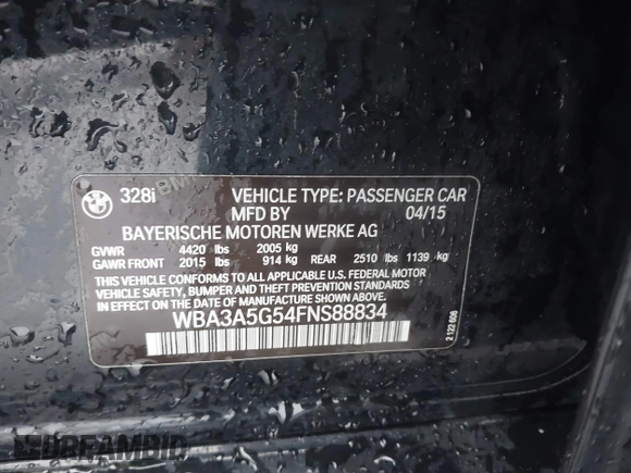 2015 BMW 3 Series 328i with VIN WBA3A5G54FNS88834, listed as a IAAI auction lot 41712756 with 51,599 mi miles. Bid and sale history available at carsss.com. Image 9.