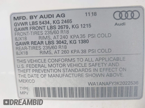 2019 Audi Q5 Premium with VIN WA1ANAFY3K2022536, listed as a IAAI auction lot 42004758 with 111,708 mi miles and . Bid and sale history available at DreamBid. Image 9.