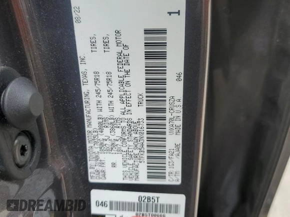 2022 Toyota Tundra SR with VIN 5TFKB5AA3NX016733, listed as a Copart auction lot 56575425 with 27,915 mi miles and Clean title. Bid and sale history available at DreamBid. Image 12.