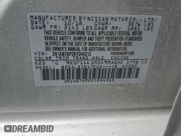 2019 Nissan Sentra S with VIN 3N1AB7AP2KY244313, listed as a Copart auction lot 59737575 with 46,198 mi miles and Salvage title. Bid and sale history available at DreamBid. Image 12.