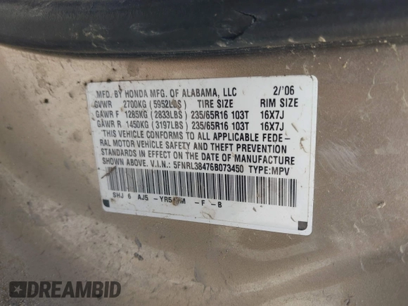 2006 Honda Odyssey EX с VIN 5FNRL38476B073450, выставлен на аукционе IAAI как лот 42726651 с пробегом 214 463 миль миль и . История ставок и продаж доступна на DreamBid. Изображение 9.
