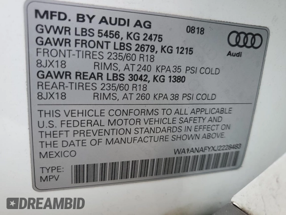 2018 Audi Q5 Premium with VIN WA1ANAFYXJ2228483, listed as a Copart auction lot 53112005 with 45,651 mi miles and Salvage Title. Bid and sale history available at DreamBid. Image 13.