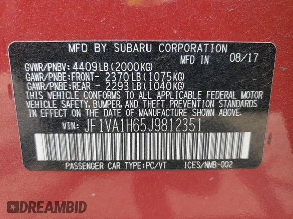 2018 Subaru WRX Limited with VIN JF1VA1H65J9812351, listed as a Copart auction lot 59925895 with 180,219 mi miles and Salvage title. Bid and sale history available at DreamBid. Image 12.