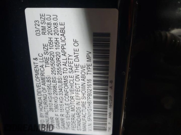2023 Honda Pilot Elite z VIN 5FNYG1H87PB021616, wystawiony jako Copart lot #48610655 z przebiegiem 61 720 mil mil oraz Szkoda całkowita • Salvage title. Historia ofert i sprzedaży dostępna na DreamBid. Obrazek 13.