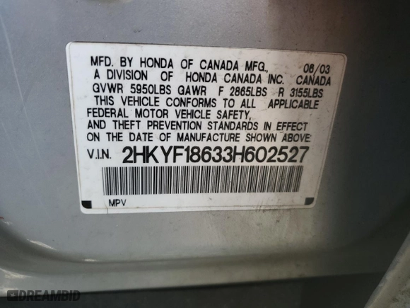 2003 Honda Pilot EX with VIN 2HKYF18633H602527, listed as a Copart auction lot 53622465 with 254,281 mi miles and Salvage Title. Bid and sale history available at carsss.com. Image 13.