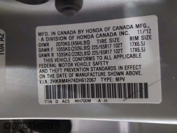 2013 Honda CR-V EX-L with VIN 2HKRM4H74DH612067, listed as a IAAI auction lot 41867278 with 119,641 mi miles. Bid and sale history available at carsss.com. Image 9.