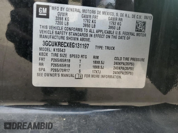 2014 Chevrolet Silverado 1500 LT with VIN 3GCUKRECXEG131197, listed as a Copart auction lot 74350234 with 143,376 mi miles and Salvage Title. Bid and sale history available at DreamBid. Image 12.