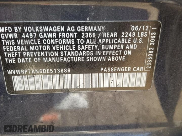 2013 Volkswagen CC Lux with VIN WVWRP7AN6DE513686, listed as a Copart auction lot 88758115 with 63,619 mi miles and Salvage Title. Bid and sale history available at carsss.com. Image 14.