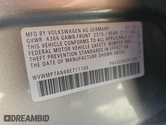 2011 Volkswagen CC Sport z VIN WVWMP7AN6BE711109, wystawiony jako Copart lot #46986105 z przebiegiem 198 582 mil mil oraz Szkoda całkowita • Salvage title. Historia ofert i sprzedaży dostępna na DreamBid. Obrazek 12.