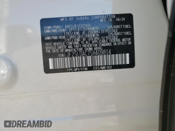 2025 Subaru Forester with VIN JF2SLDAC7SH409814, listed as a Copart auction lot 47240535 with 1,308 mi miles and Salvage title. Bid and sale history available at DreamBid. Image 13.