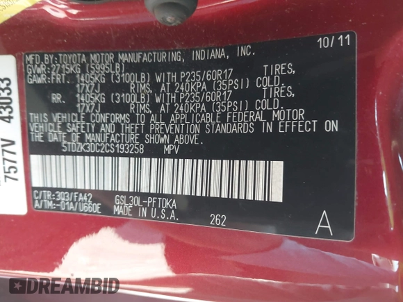 2012 Toyota Sienna with VIN 5TDZK3DC2CS193258, listed as a IAAI auction lot 42550843 with 158,761 mi miles and . Bid and sale history available at DreamBid. Image 9.