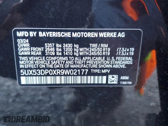 2024 BMW X3 xDrive30i with VIN 5UX53DP0XR9W02177, listed as a Copart auction lot 53045675 with 14,018 mi miles and Salvage Title. Bid and sale history available at DreamBid. Image 13.