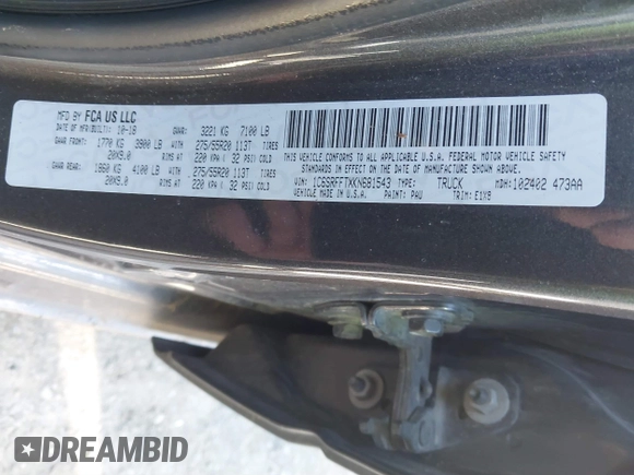 2019 Ram 1500 Big Horn/Lone Star with VIN 1C6SRFFTXKN681543, listed as a IAAI auction lot 41892943 with 86,105 mi miles. Bid and sale history available at carsss.com. Image 9.