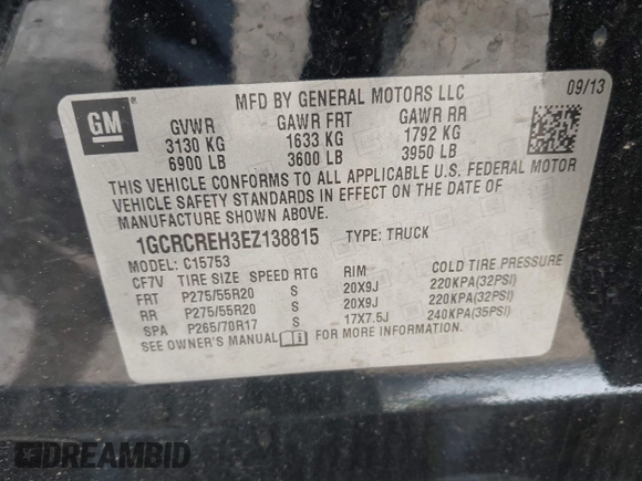 2014 Chevrolet Silverado 1500 LT with VIN 1GCRCREH3EZ138815, listed as a IAAI auction lot 41883354 with 214,630 mi miles. Bid and sale history available at carsss.com. Image 9.