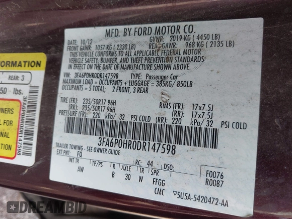 2013 Ford Fusion SE с VIN 3FA6P0HR0DR147598, выставлен на аукционе IAAI как лот 41981294 с пробегом 122 037 миль миль и . История ставок и продаж доступна на DreamBid. Изображение 9.