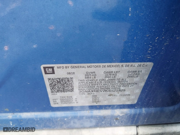 2019 Chevrolet Equinox LS with VIN 3GNAXHEV2KS521825, listed as a IAAI auction lot 41761311 with 117,207 mi miles. Bid and sale history available at carsss.com. Image 9.