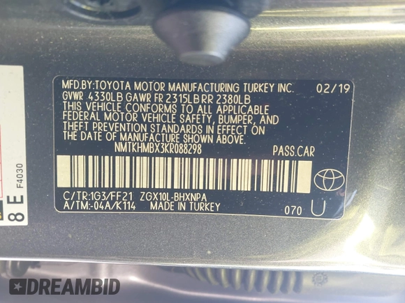 2019 Toyota C-HR XLE with VIN NMTKHMBX3KR088298, listed as a IAAI auction lot 41411204 with 52,790 mi miles. Bid and sale history available at carsss.com. Image 9.