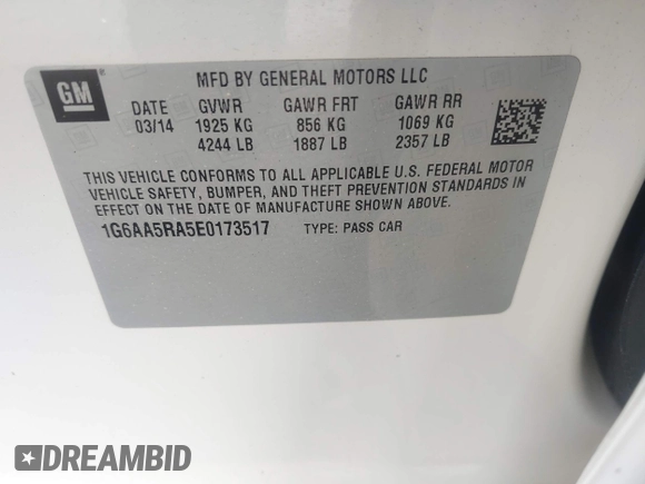 2014 Cadillac ATS Standard RWD with VIN 1G6AA5RA5E0173517, listed as a IAAI auction lot 42540181 with 73,732 mi miles and . Bid and sale history available at DreamBid. Image 9.