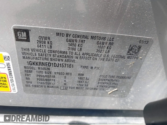 2013 GMC Acadia SLE with VIN 1GKKRNED1DJ157161, listed as a IAAI auction lot 41883907 with 156,020 mi miles. Bid and sale history available at carsss.com. Image 9.