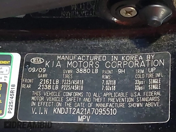 2010 Kia Soul + with VIN KNDJT2A21A7095510, listed as a IAAI auction lot 41879972 with 212,538 mi miles. Bid and sale history available at carsss.com. Image 9.
