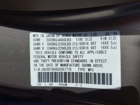 2005 Honda CR-V EX with VIN JHLRD78885C057778, listed as a IAAI auction lot 42005355 with 167,952 mi miles and . Bid and sale history available at DreamBid. Image 9.