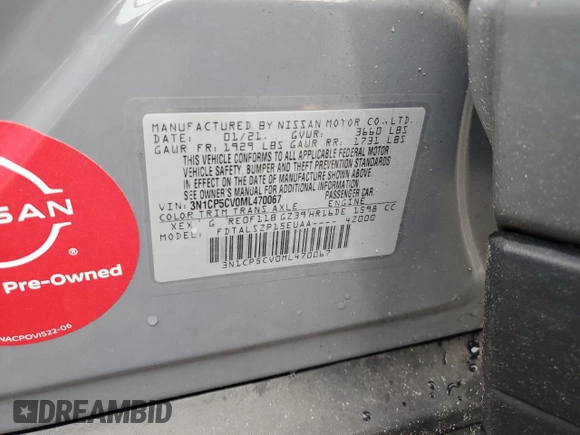 2021 Nissan Kicks SV with VIN 3N1CP5CV0ML470067, listed as a Copart auction lot 45164195 with 35,166 mi miles and Salvage Title. Bid and sale history available at DreamBid. Image 14.
