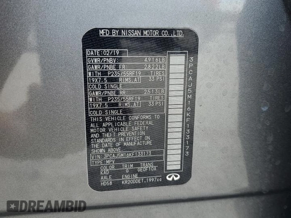 2019 Infiniti QX50 LUXE with VIN 3PCAJ5M16KF133173, listed as a Copart auction lot 54772045 with 59,571 mi miles and Salvage Title. Bid and sale history available at carsss.com. Image 13.