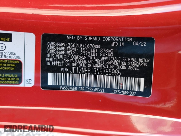 2022 Toyota 86 с VIN JF1ZNBB13N9755985, выставлен на аукционе Copart как лот 47476745 с пробегом Не указан миль и Списание • Salvage title. История ставок и продаж доступна на DreamBid. Изображение 14.