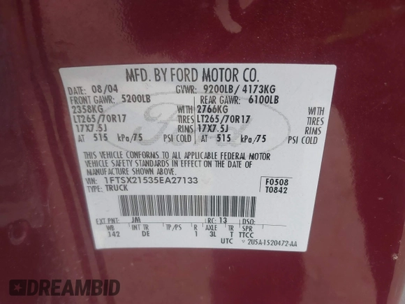 2005 Ford F-250 XL с VIN 1FTSX21535EA27133, выставлен на аукционе IAAI как лот 41305022 с пробегом 179 174 миль миль и . История ставок и продаж доступна на DreamBid. Изображение 9.