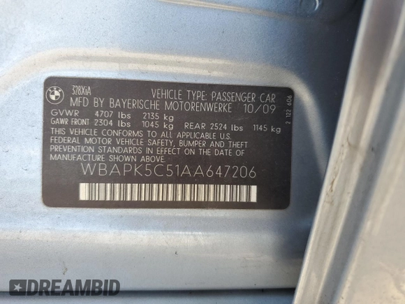 2010 BMW 3 Series 328i xDrive with VIN WBAPK5C51AA647206, listed as a Copart auction lot 52139085 with 115,883 mi miles and Salvage title. Bid and sale history available at DreamBid. Image 12.