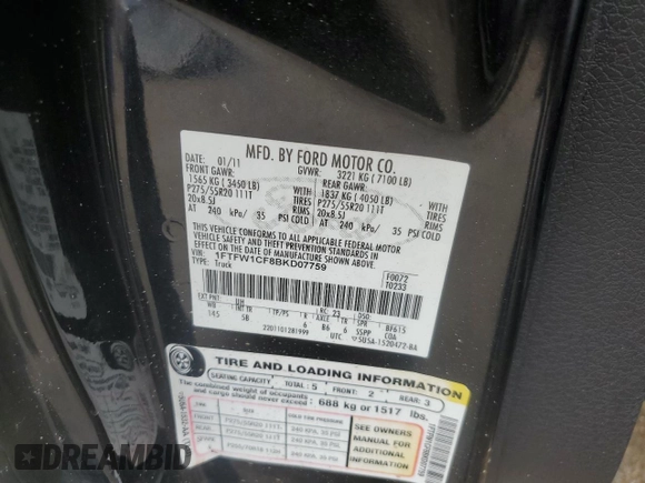 2011 Ford F-150 XL with VIN 1FTFW1CF8BKD07759, listed as a Copart auction lot 60336895 with 158,323 mi miles and Salvage title. Bid and sale history available at DreamBid. Image 12.