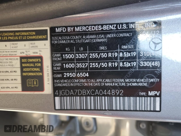 2012 Mercedes-Benz M 550 with VIN 4JGDA7DBXCA044892, listed as a Copart auction lot 43368635 with 214,619 mi miles and Salvage title. Bid and sale history available at DreamBid. Image 13.